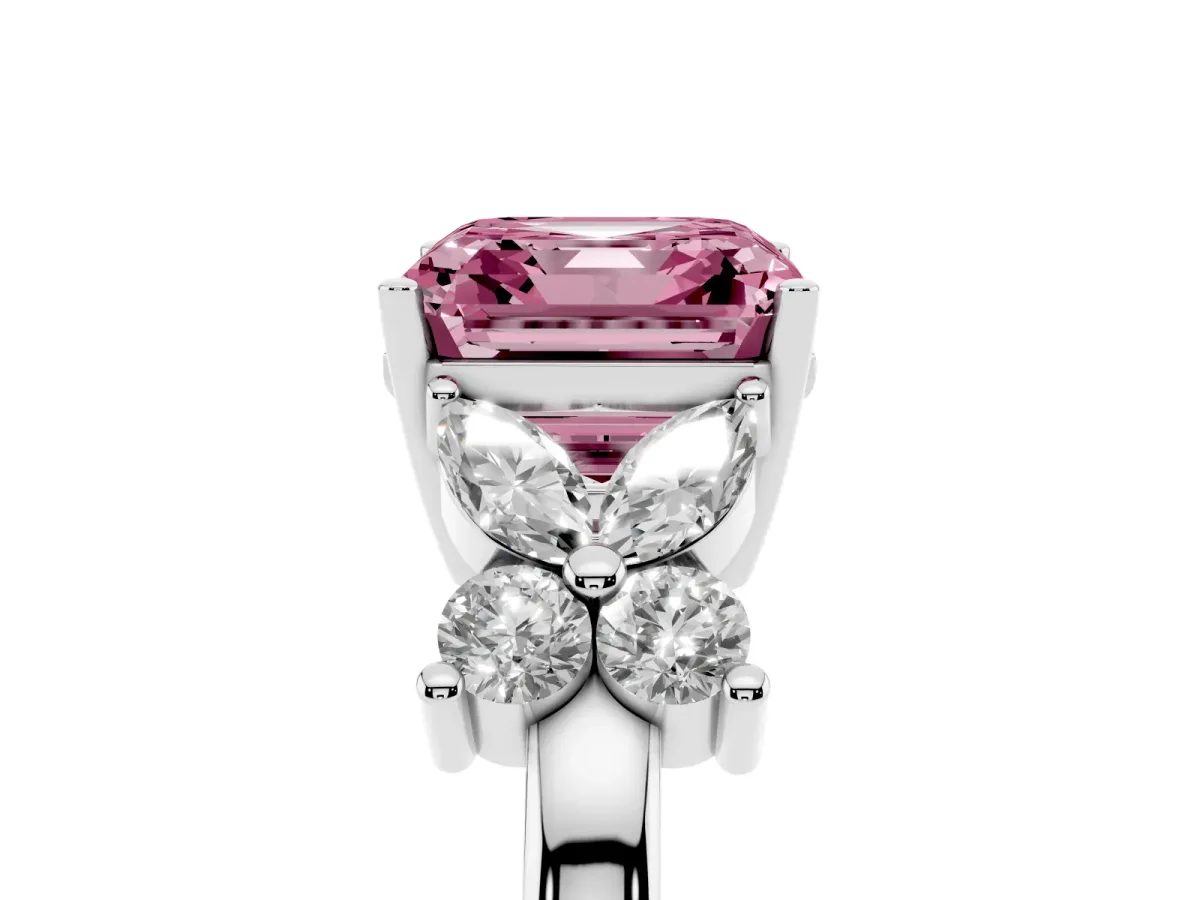 Fancy Pink Asscher Cut Diamond Floral Cluster Ring with Solitaire Band and Prong Setting Silver