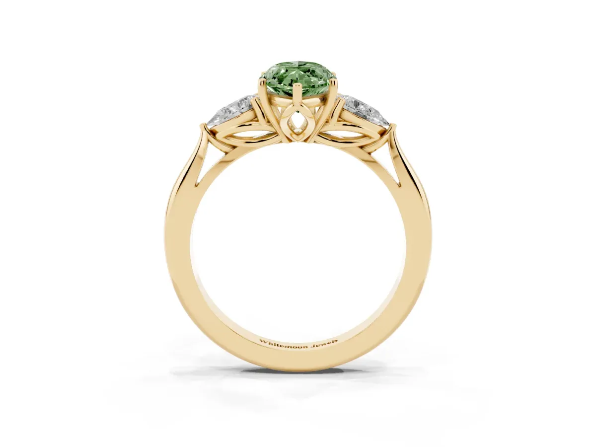 Fancy Green Marquise Cut Diamond Three-Stone Ring with Pear Side Stones and Prong Setting Yellow gold
