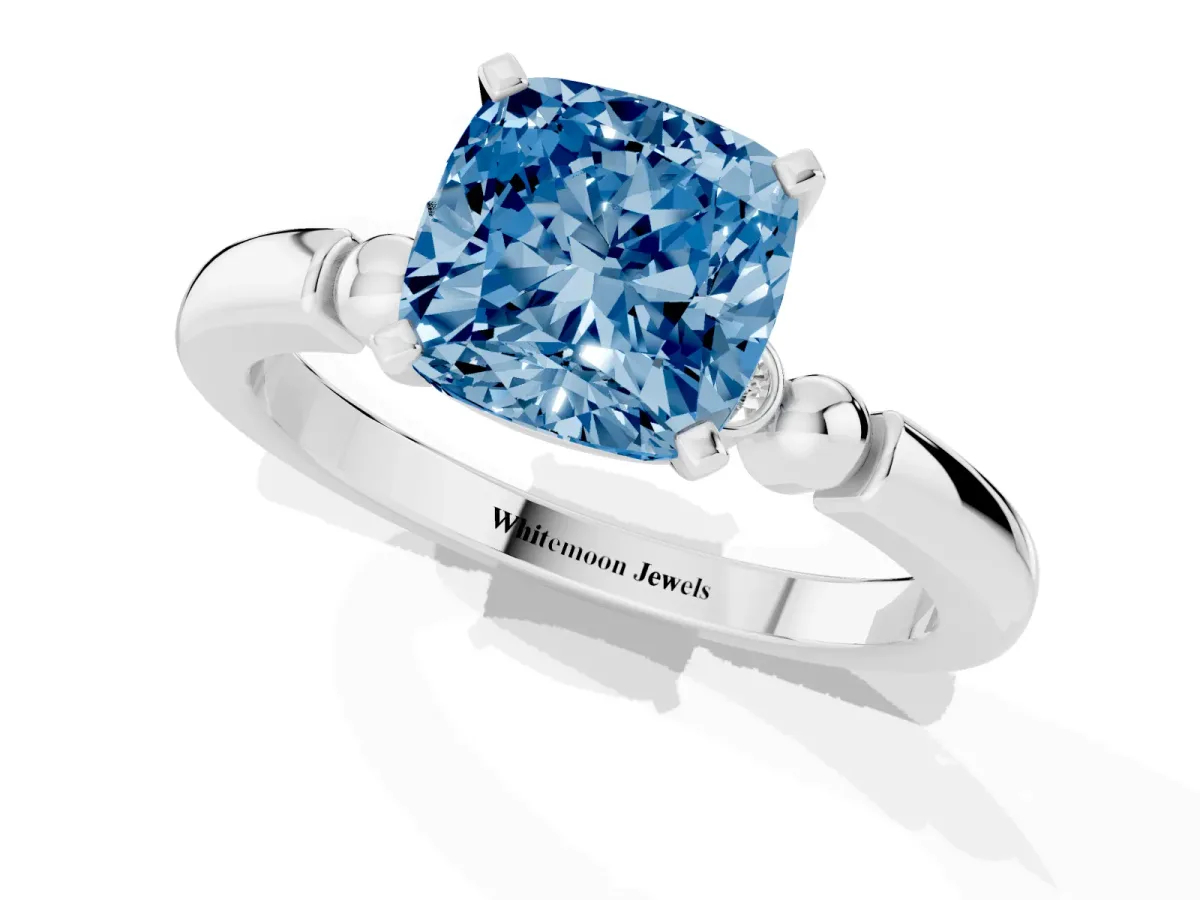 Fancy Blue Cushion Cut Solitaire Beaded Band with Four-Prong Setting White gold