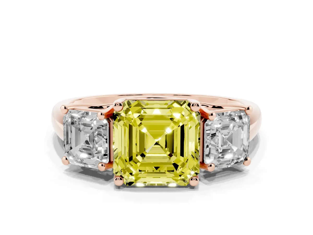 Fancy Yellow Three-Stone Asscher Cut Diamond Engagement Ring with Prong Setting Rose gold