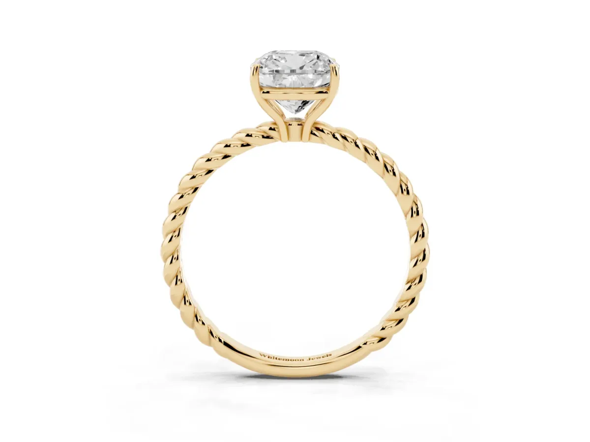 Cushion Cut Solitaire Twist Band Ring with Four-Prong Setting Yellow gold