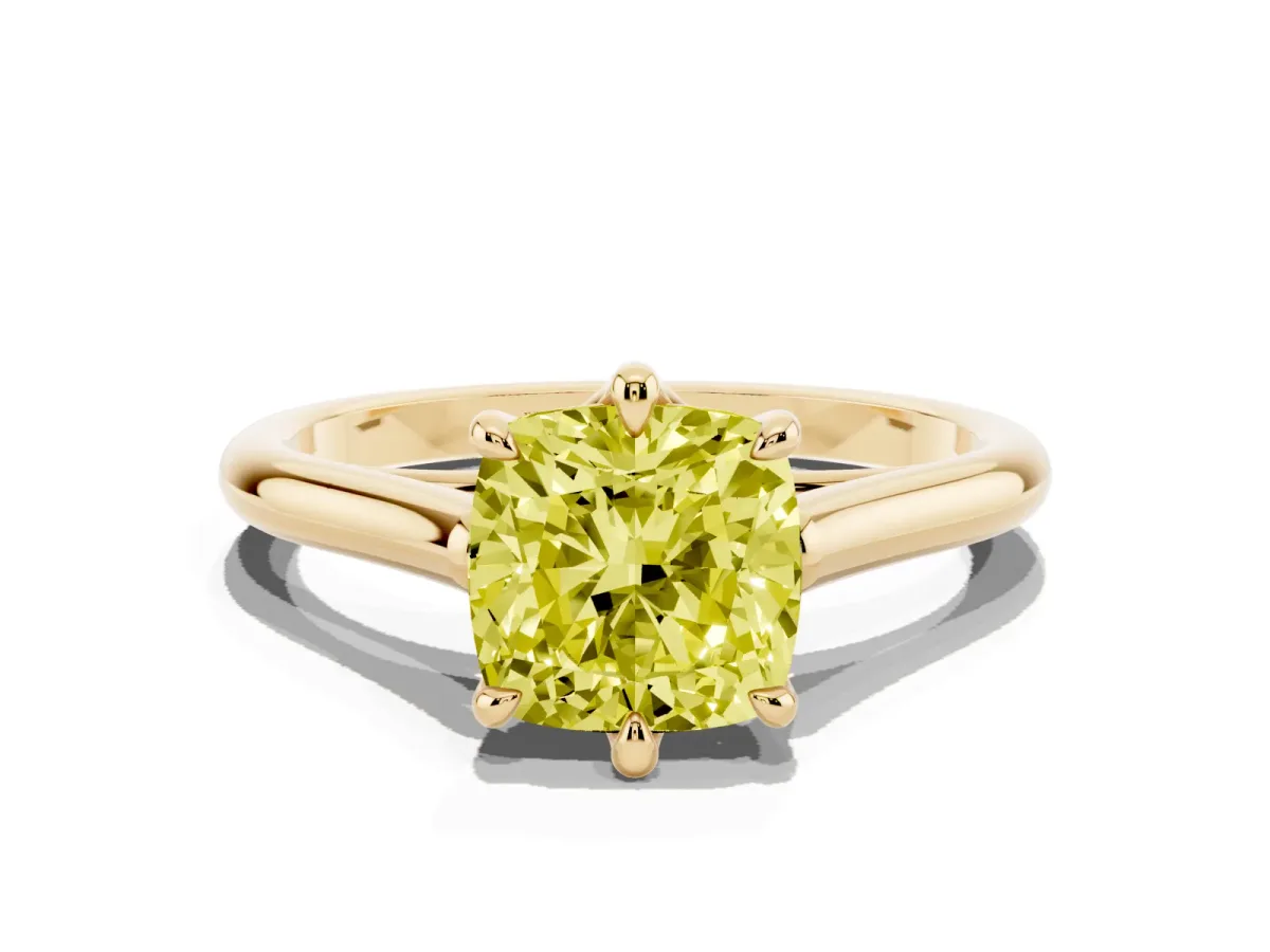 Fancy Yellow Cushion Cut Solitaire Engagement Ring with Six-Prong Setting and Classic Band Yellow gold