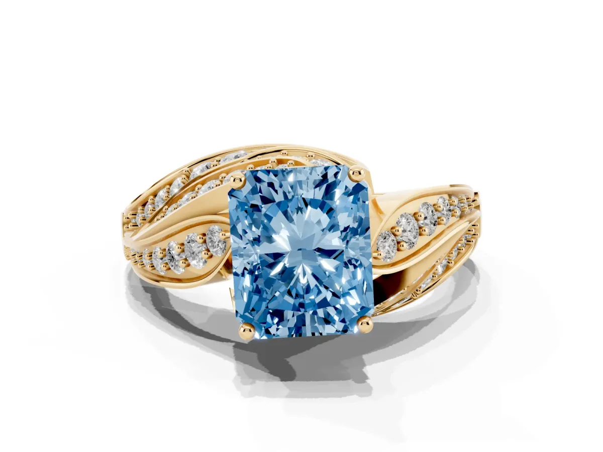 Fancy Blue Radiant Cut Diamond Solitaire Ring with Prong Setting and Twisted Pavé Band Yellow gold