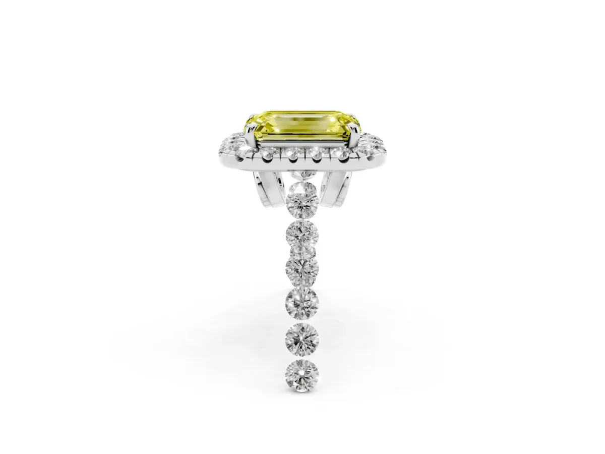 Fancy Yellow Emerald Cut Halo Pavé Diamond Engagement Ring with Four-Prong Setting White gold