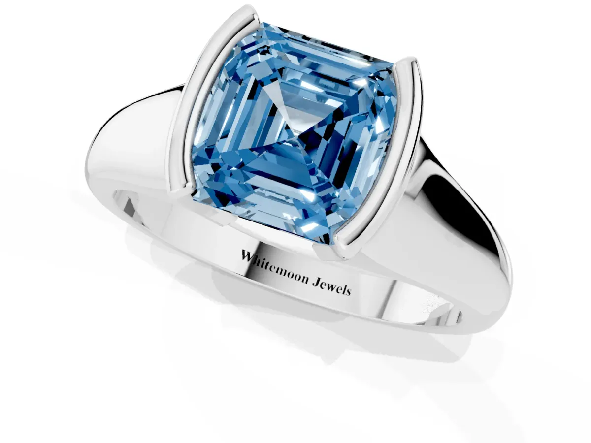 Fancy Blue Asscher Cut Solitaire Tension Set Diamond Ring with Split Shank Band Silver