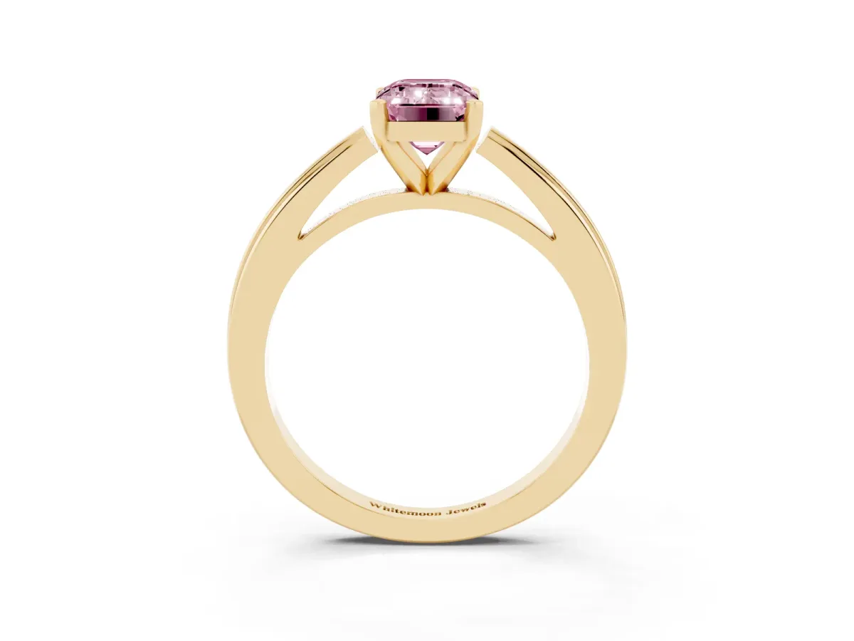 Fancy Pink Emerald Cut Solitaire Diamond Ring with Four-Prong Setting and Classic Band Yellow gold