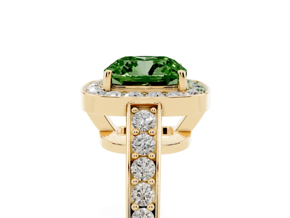 Fancy Green Cushion Cut Halo Pavé Diamond Engagement Ring with Bezel Setting Yellow gold