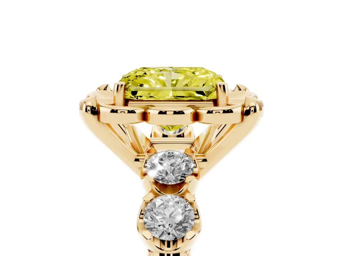 Fancy Yellow Radiant Cut Cut Diamond Floral Halo Engagement Ring with Shared Prong Setting Yellow gold