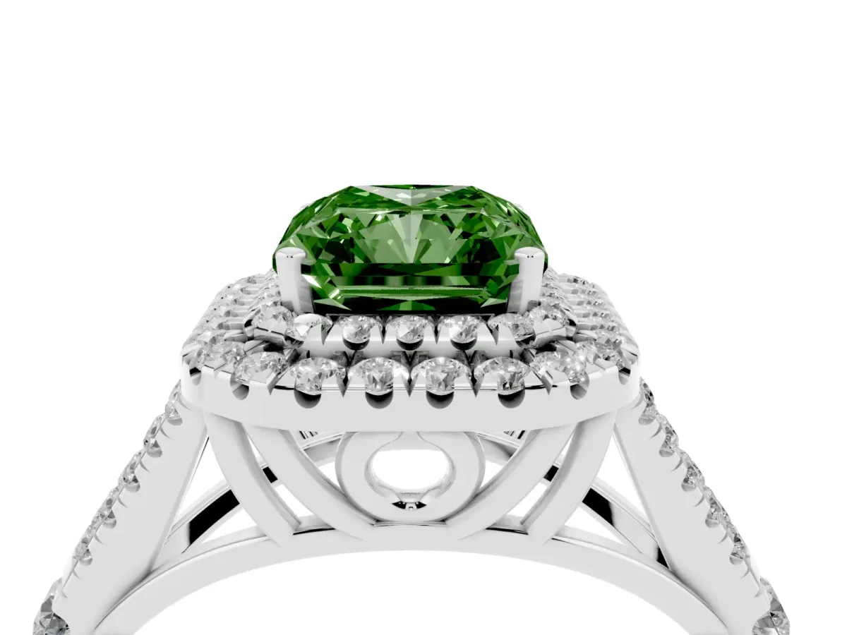 Fancy Green Radiant Cut Cut Double Halo Split Shank Diamond Ring with Prong Setting White gold