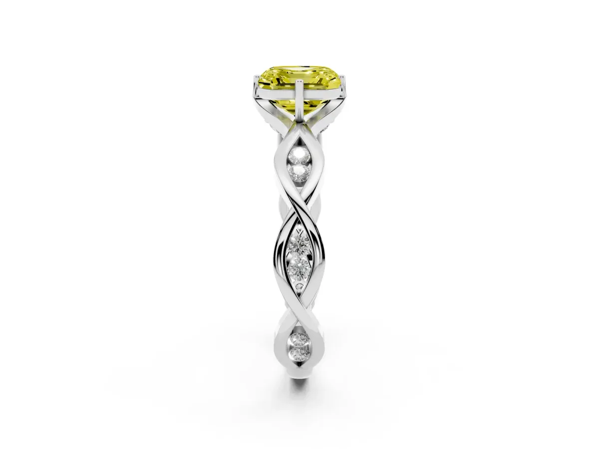 Fancy Yellow Asscher Cut Solitaire Twist Band with Leaf Prong Setting Silver