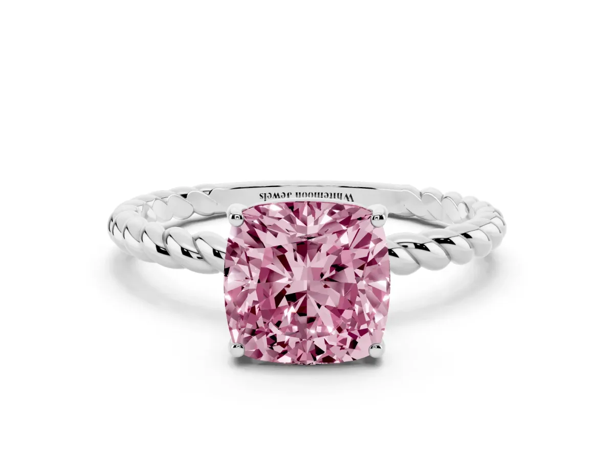 Fancy Pink Cushion Cut Solitaire Twisted Band 4-Prong Ring Platinum