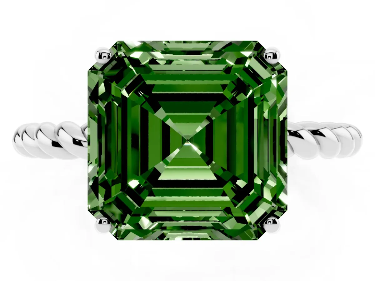 Fancy Green Asscher Cut Solitaire Twist Band Ring with Four-Prong Setting Silver