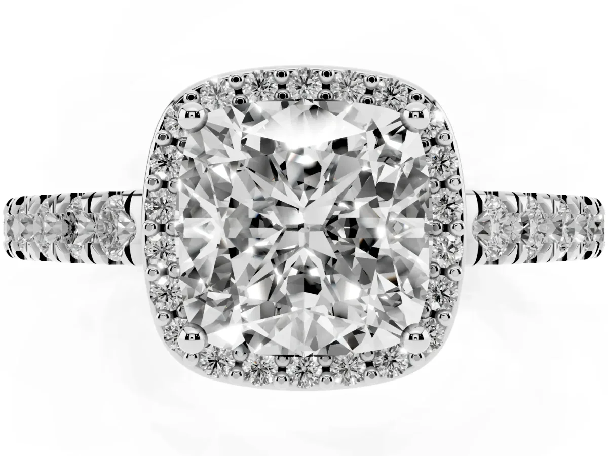 Cushion Cut Cut Halo Diamond Engagement Ring with Pave Band and Four-Prong Setting Platinum