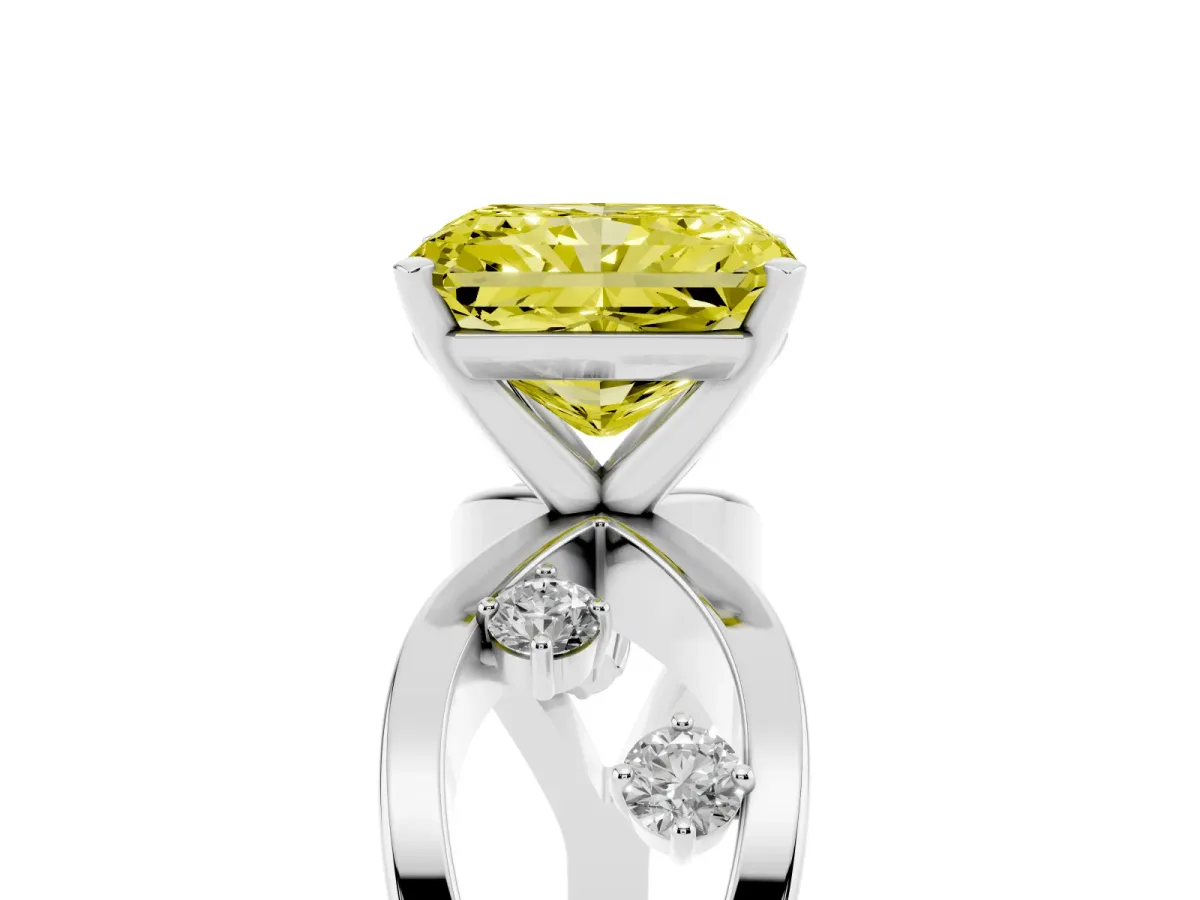 Fancy Yellow Radiant Cut Cut Solitaire Diamond with Side Stones on Criss-Cross Band and Four-Prong Setting Platinum