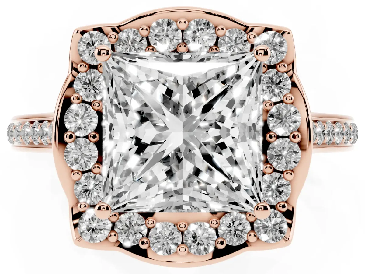 Princess Cut Halo Round Diamond Pave Band with Four-Prong Setting Rose gold