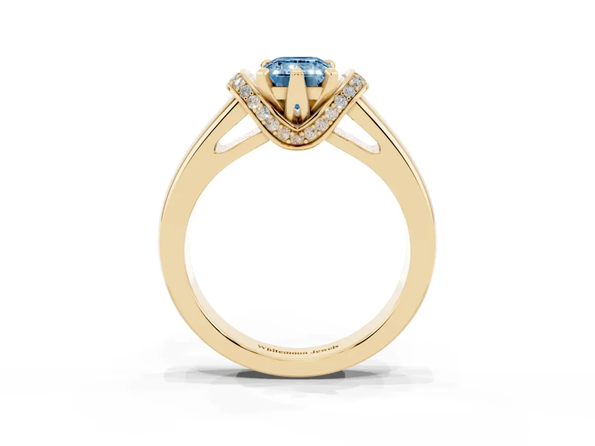 Fancy Blue Emerald Cut Solitaire Diamond Ring with Pave Band and Six-Prong Setting Yellow gold