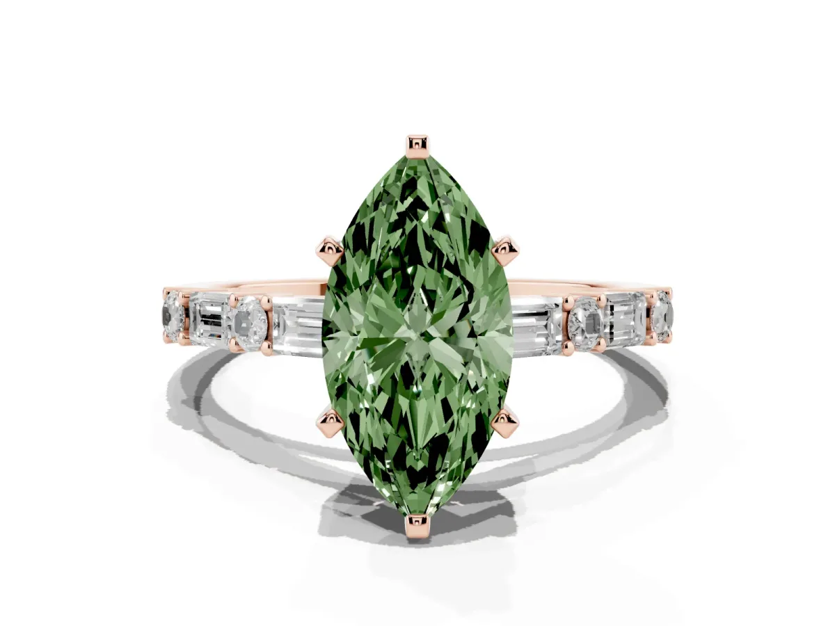 Fancy Green Marquise Cut Diamond Solitaire with Side Baguettes and Channel Set Band Rose gold