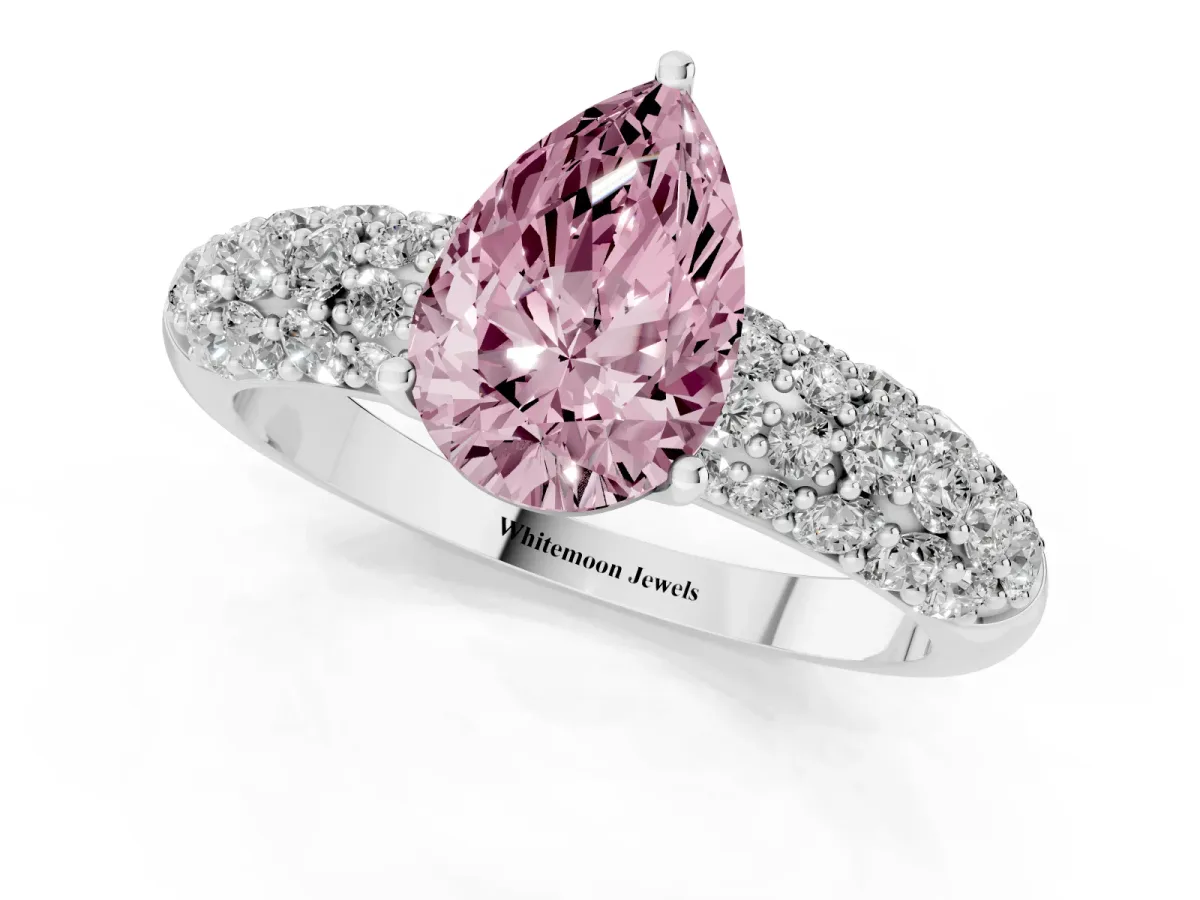 Fancy Pink Pear Cut Diamond Pavé Band Solitaire Ring with Four-Prong Setting Silver