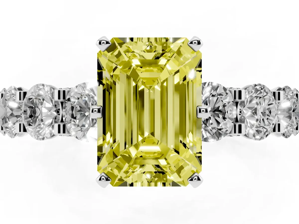 Fancy Yellow Emerald Cut Diamond Side Stone Engagement Ring with Four-Prong Setting Silver