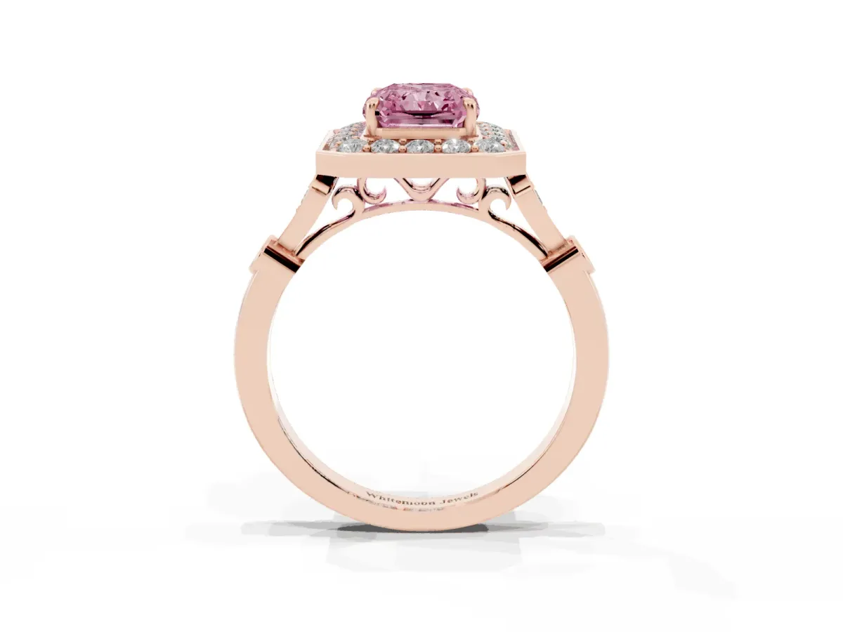 Fancy Pink Radiant Cut Halo Diamond Engagement Ring with Twisted Band and Four-Prong Setting Rose gold