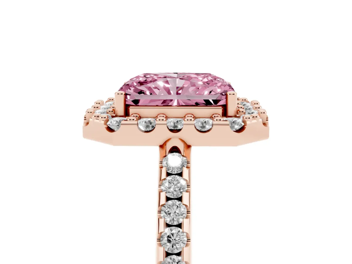Fancy Pink Radiant Cut Diamond Pavé Halo Ring with Four-Prong Setting Rose gold