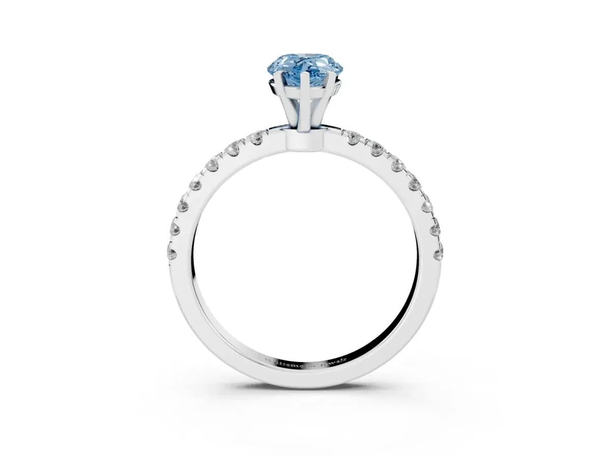 Fancy Blue Pear Cut Diamond Solitaire Ring with Pavé Accents and Four-Prong Setting Platinum