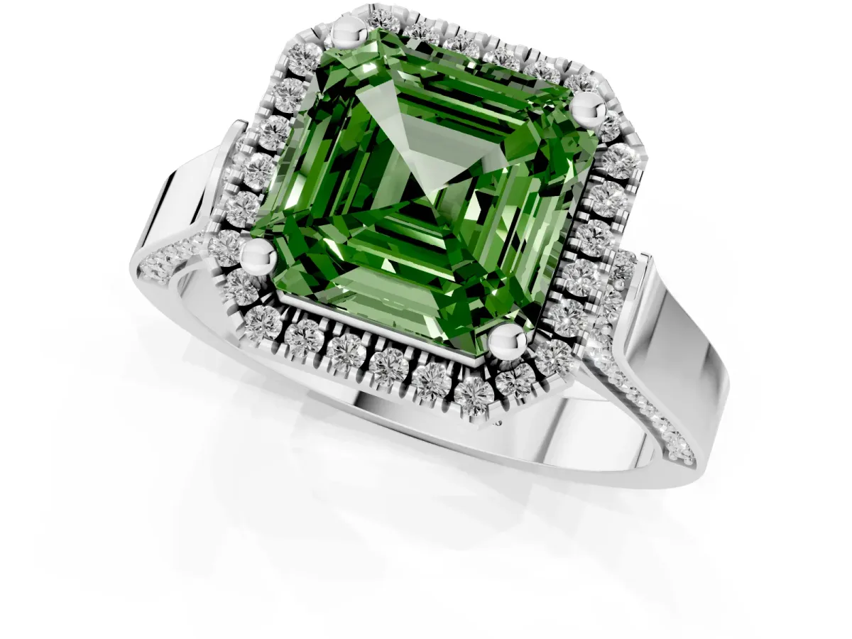 Fancy Green Asscher Cut Halo Pave Split Shank Prong Setting Ring White gold