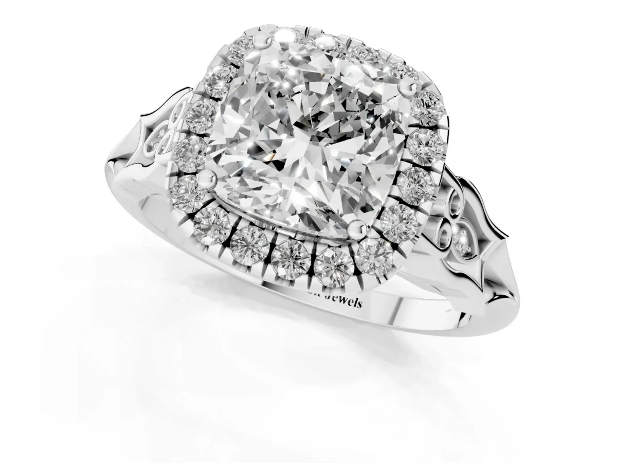 Cushion Cut Halo Diamond Engagement Ring with Filigree Band and Four-Prong Setting White gold