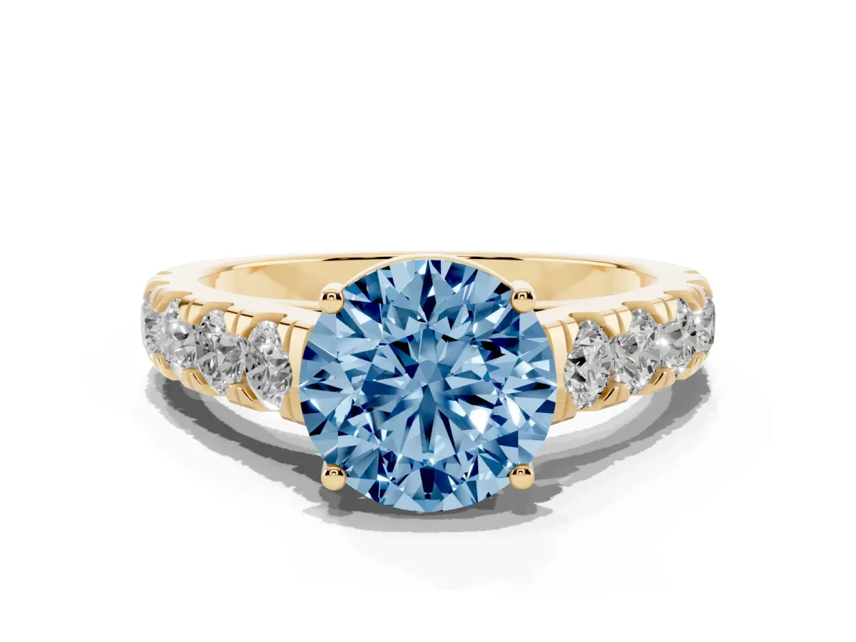 Fancy Blue Round Cut Cut Diamond Solitaire Ring with Micro Pave Band and Prong Setting Yellow gold