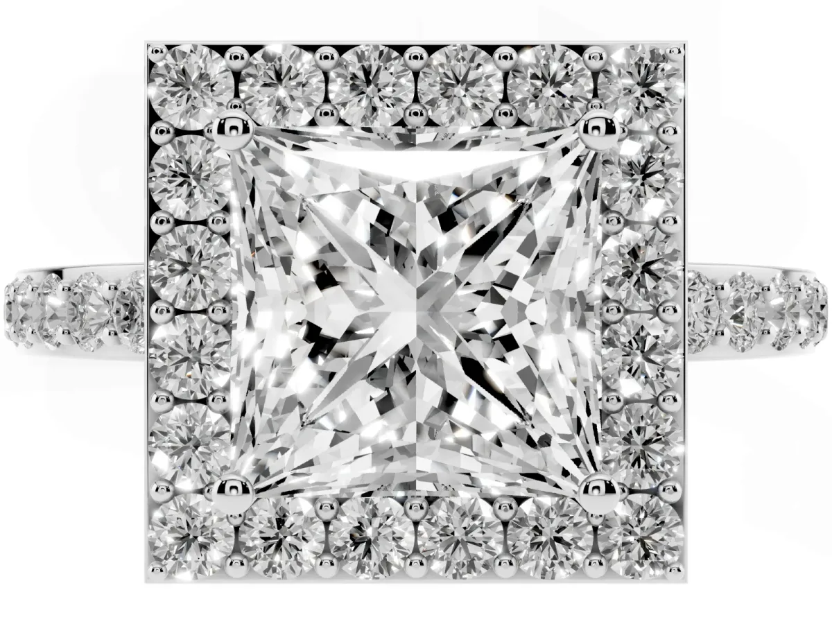 Princess Cut Halo Diamond Pavé Band Ring with Prong Setting Silver