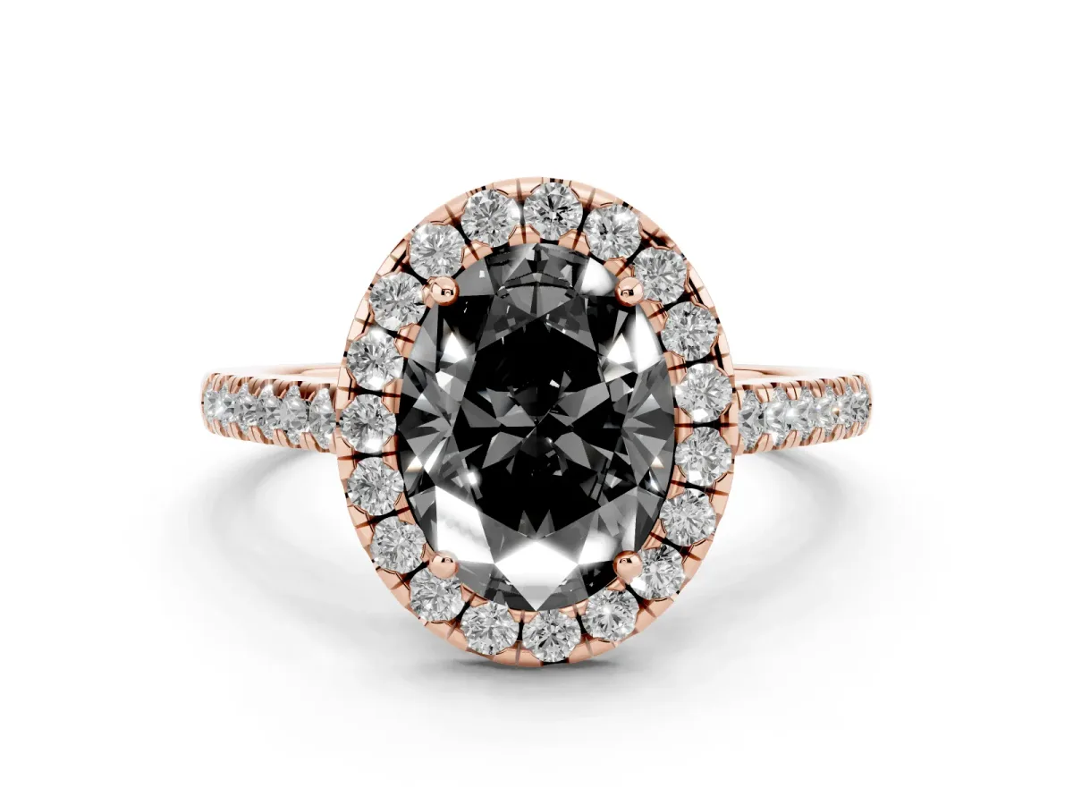 Fancy Black Oval Cut Halo Pave Diamond Engagement Ring with Four-Prong Setting Rose gold