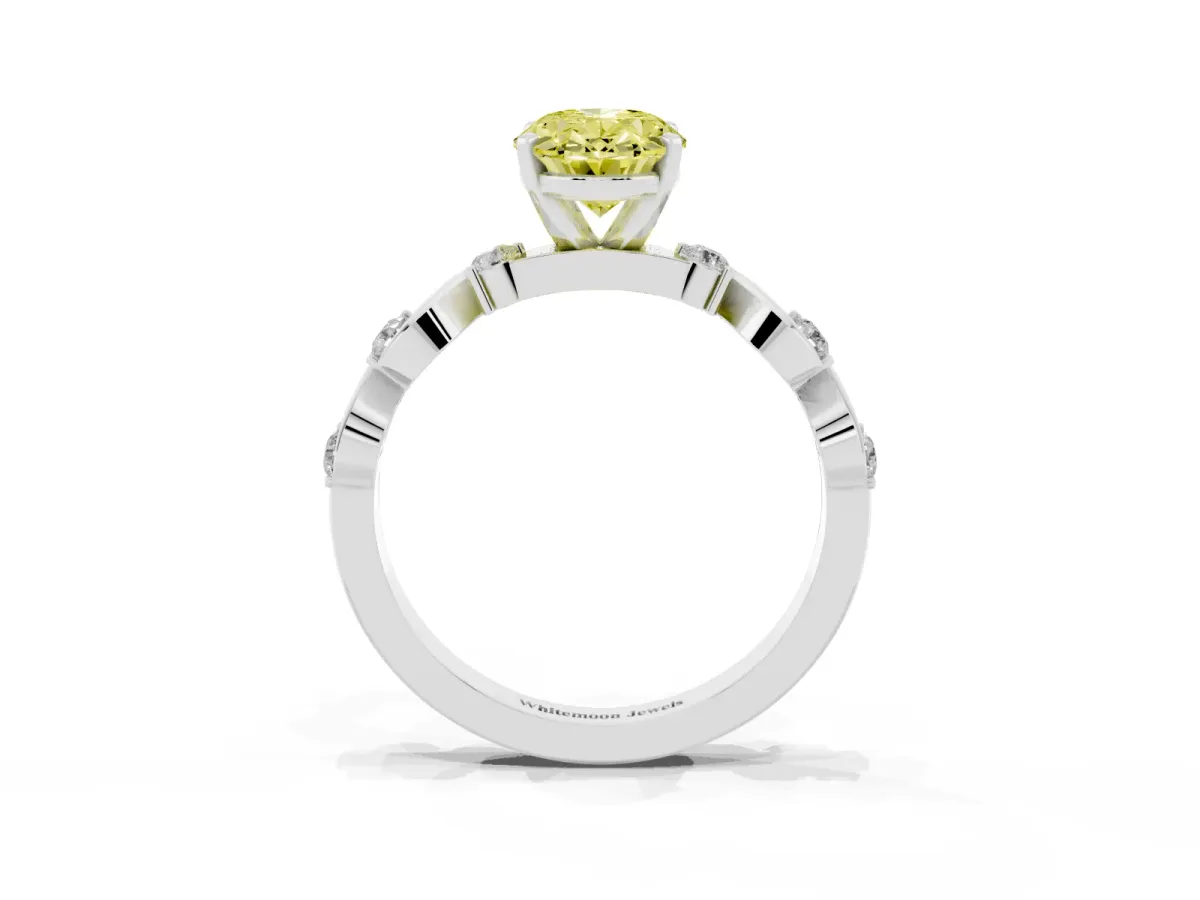 Fancy Yellow Oval Cut Diamond Solitaire Twisted Band with Round Accents and Prong Setting Silver