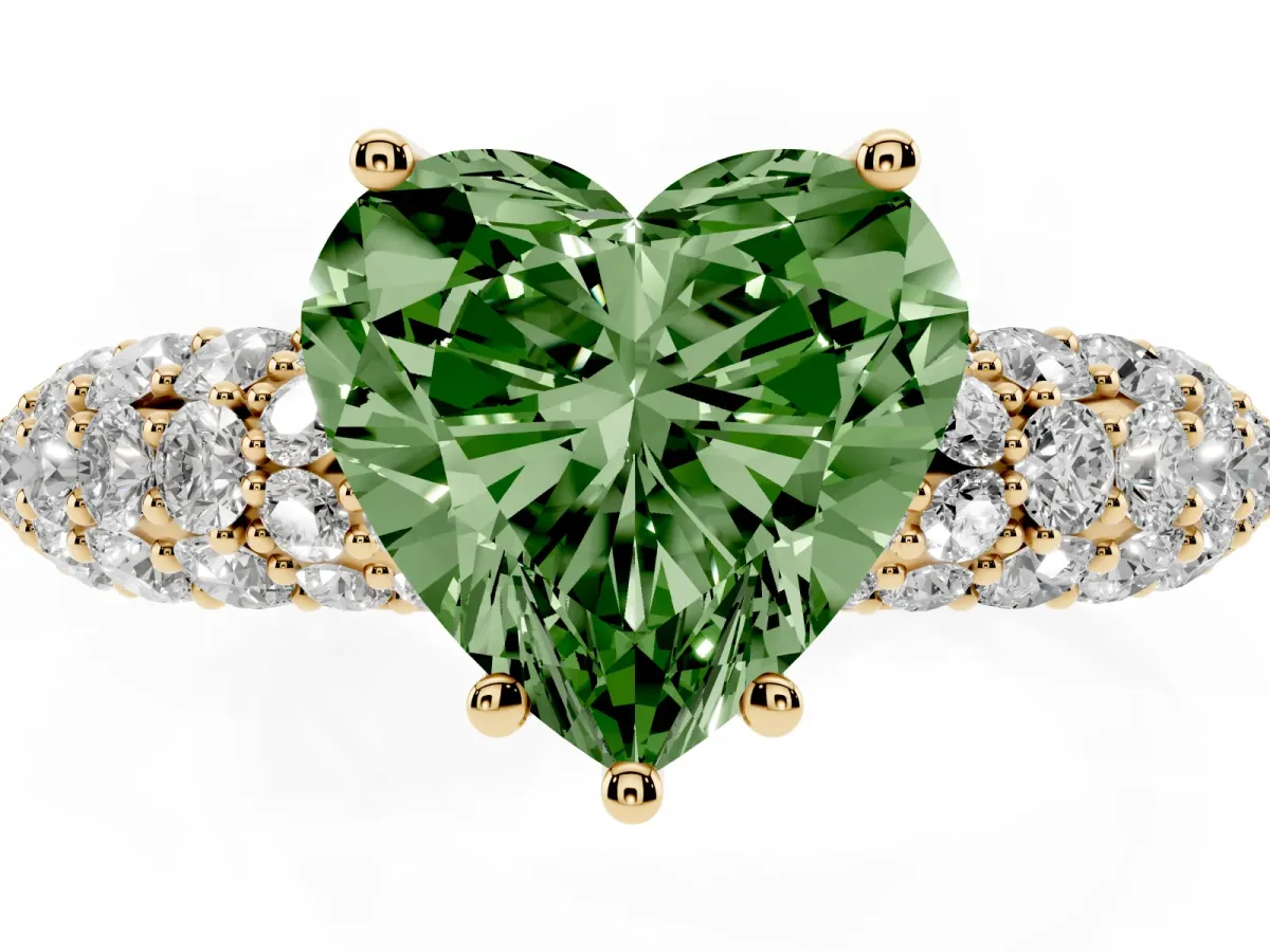 Fancy Green Heart Cut Diamond Pavé Band Solitaire Ring with Four-Prong Setting Yellow gold