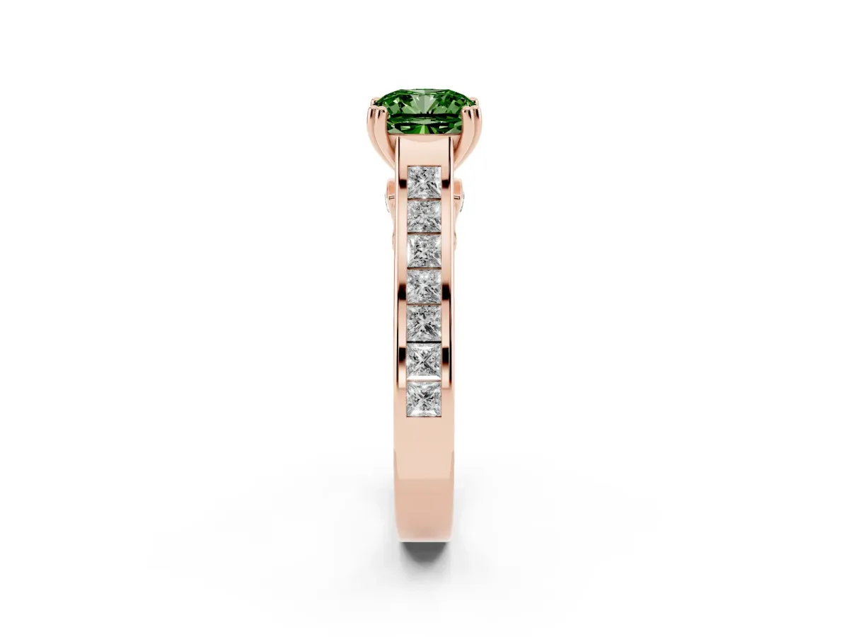 Fancy Green Cushion Cut Cut Channel Set Solitaire Engagement Ring with Prong Setting Rose gold