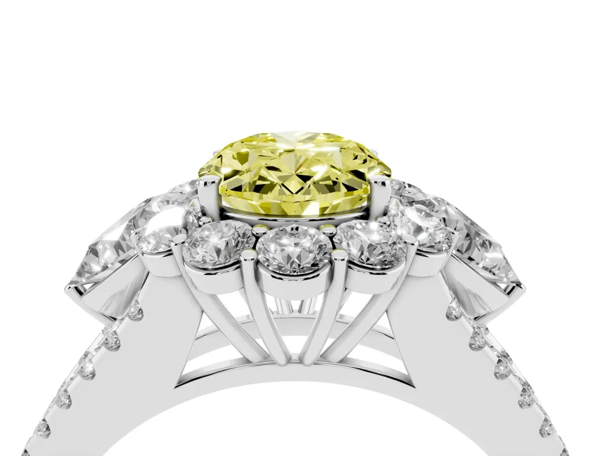 Fancy Yellow Oval Cut Halo Split Shank Diamond Engagement Ring with Prong Setting Silver