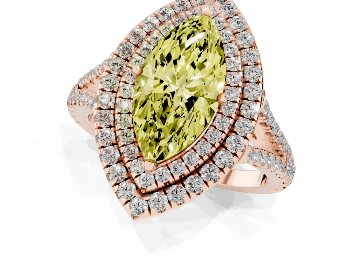 Fancy Yellow Marquise Cut Diamond Double Halo Ring with Pavé Band and Prong Setting Rose gold