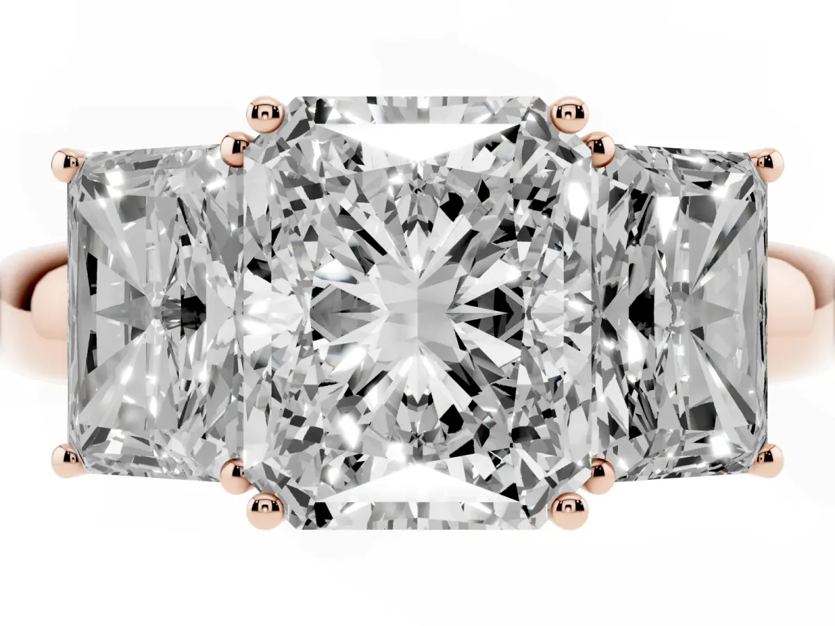 Radiant Cut Diamond Three-Stone Ring with Four-Prong Setting and Classic Band Rose gold