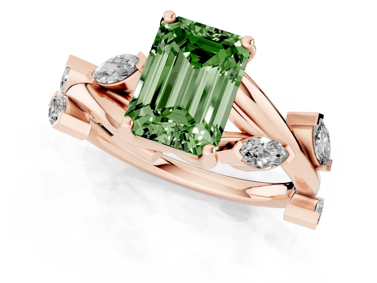 Fancy Green Emerald Cut Solitaire Twisted Band Marquise Accent Prong Setting Ring Rose gold