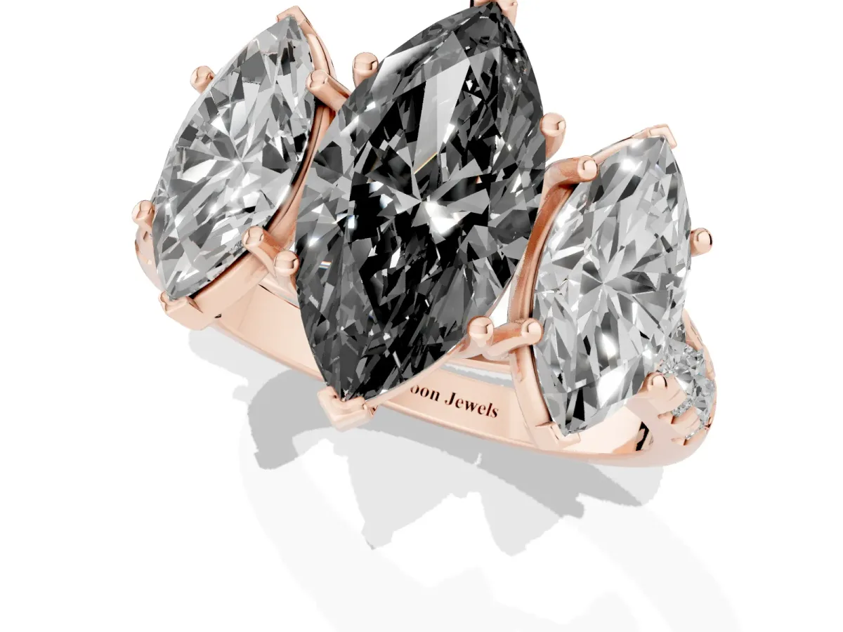Fancy Black Three-Stone Marquise Cut Diamond Pavé Band with Prong Setting Rose gold