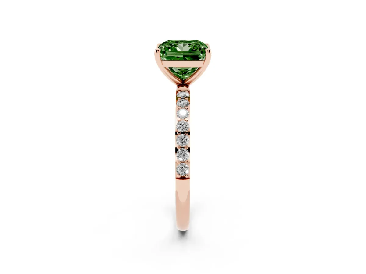 Fancy Green Princess Cut Diamond Solitaire Ring with Round Pavé Shoulders and Prong Setting Rose gold