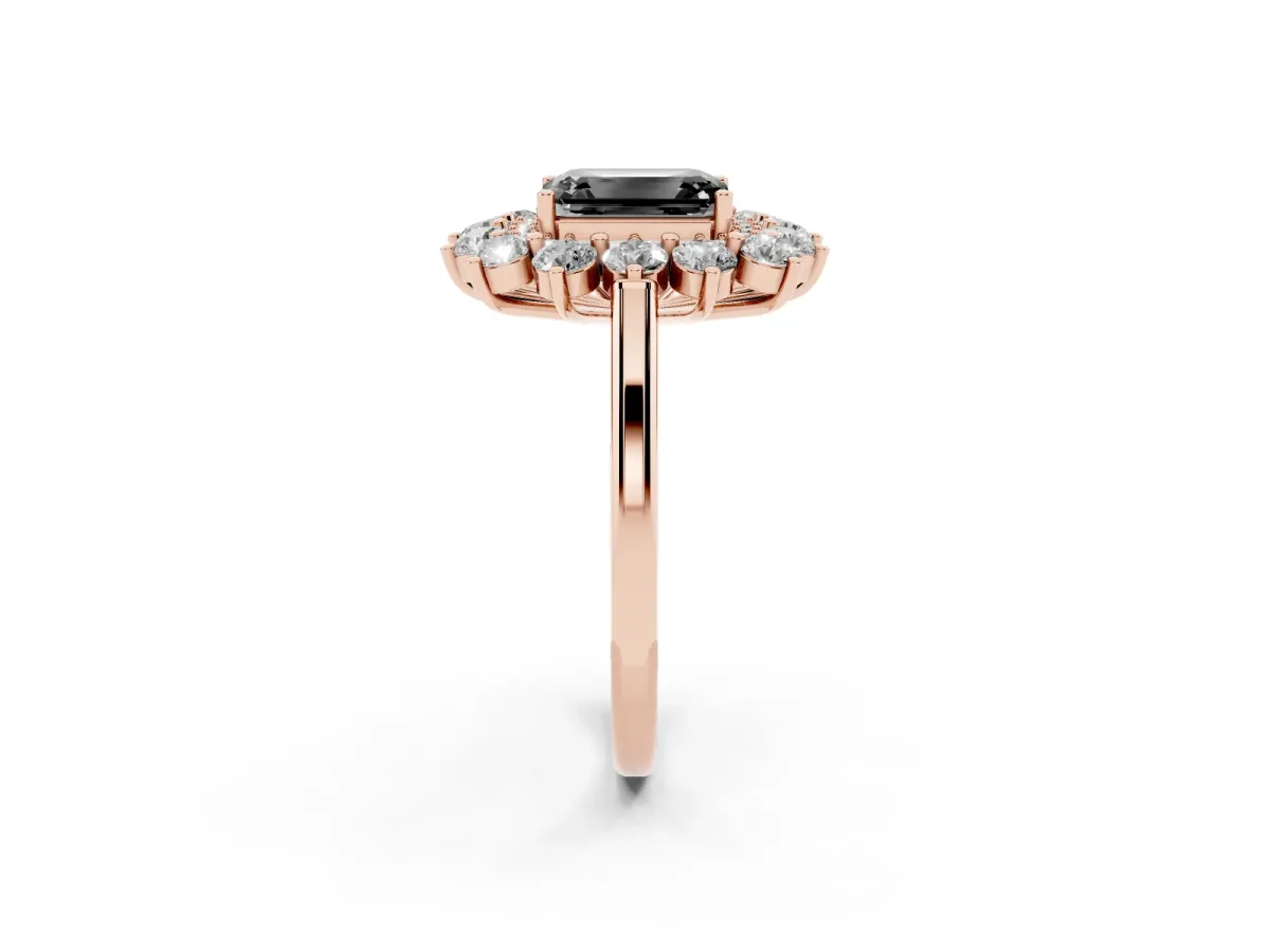 Fancy Black Emerald Cut Diamond Floral Double Halo Engagement Ring with Prong Setting Rose gold