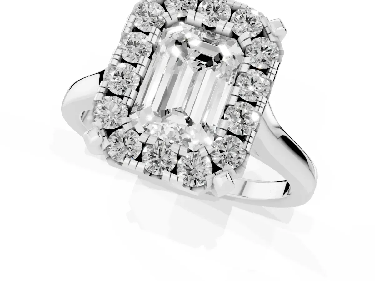 Emerald Cut Diamond Cluster Halo Solitaire with Four-Prong Setting Silver
