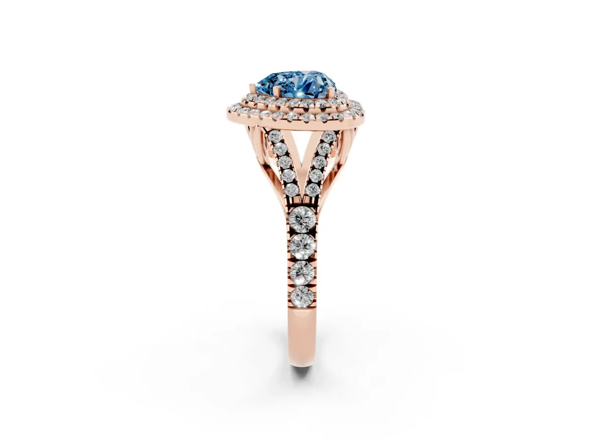 Fancy Blue Heart Cut Cut Double Halo Split Shank Diamond Ring with Prong Setting Rose gold
