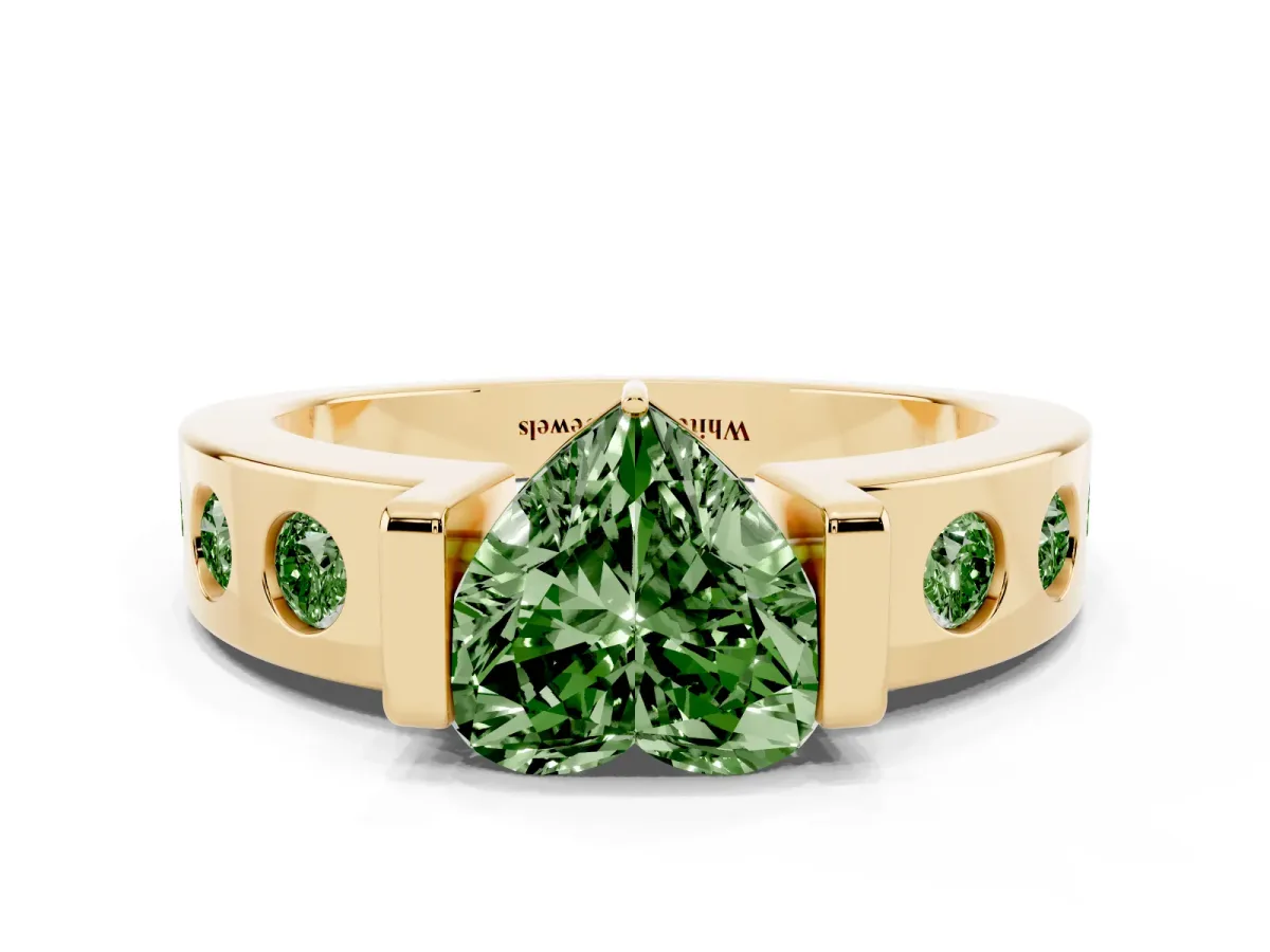 Fancy Green Heart Cut Brilliant Channel-Set Diamond Ring with Bezel Prong Setting Yellow gold