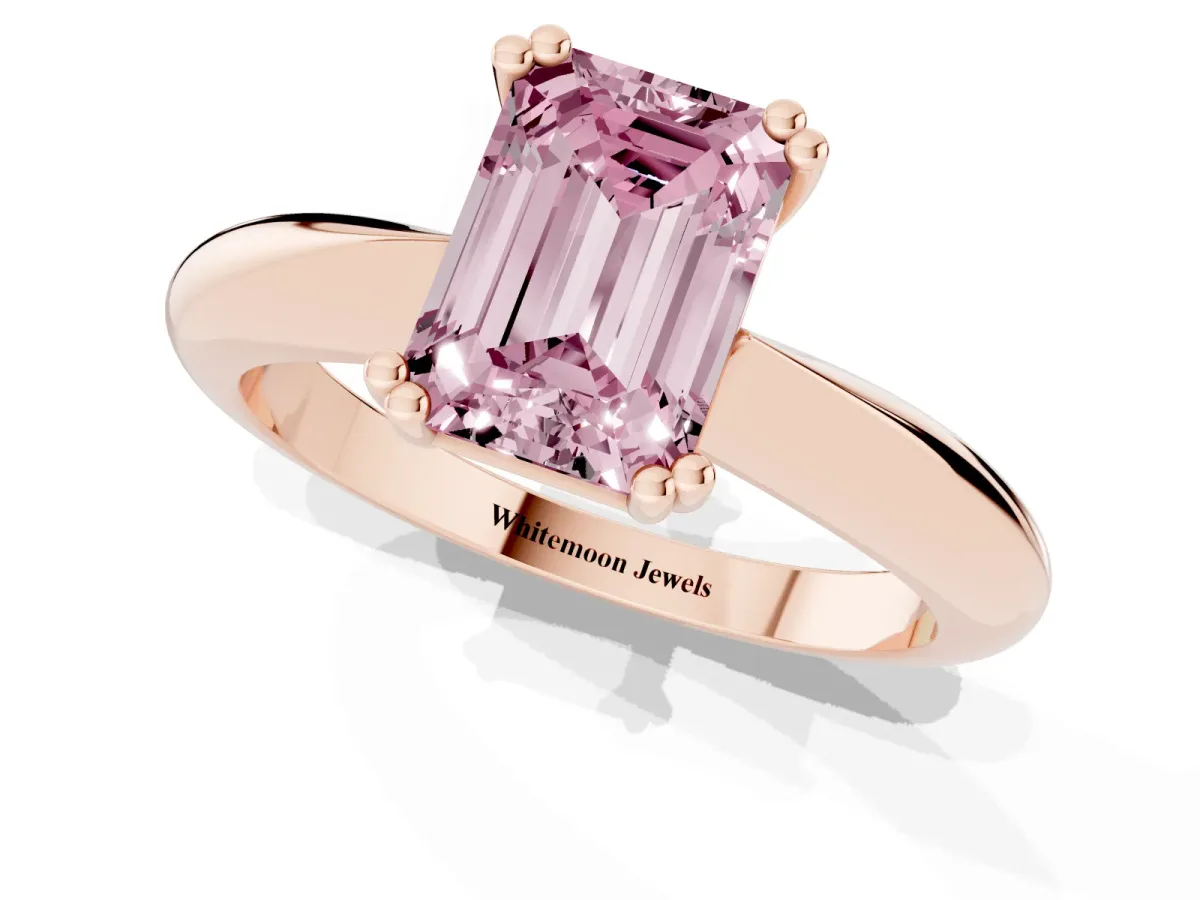 Fancy Pink Emerald Cut Cut Solitaire Engagement Ring with Tapered Band and Four-Prong Setting Rose gold