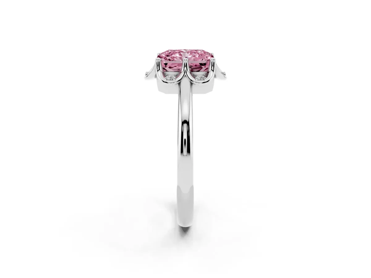 Fancy Pink Radiant Cut Halo Diamond Ring with Round Cluster Setting, Solitaire Band, and Four-Prong Setting White gold