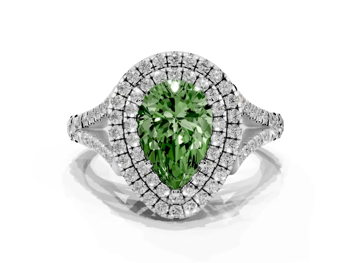 Fancy Green Pear Cut Diamond Pavé Split Shank Double Halo Engagement Ring Silver