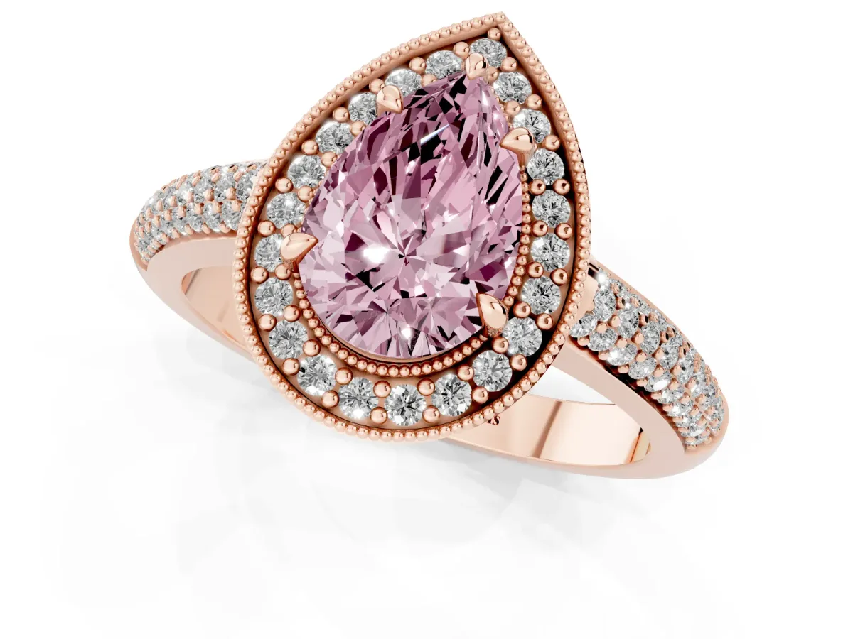 Fancy Pink Pear Cut Cut Halo Diamond Pave Band with Four-Prong Setting Rose gold