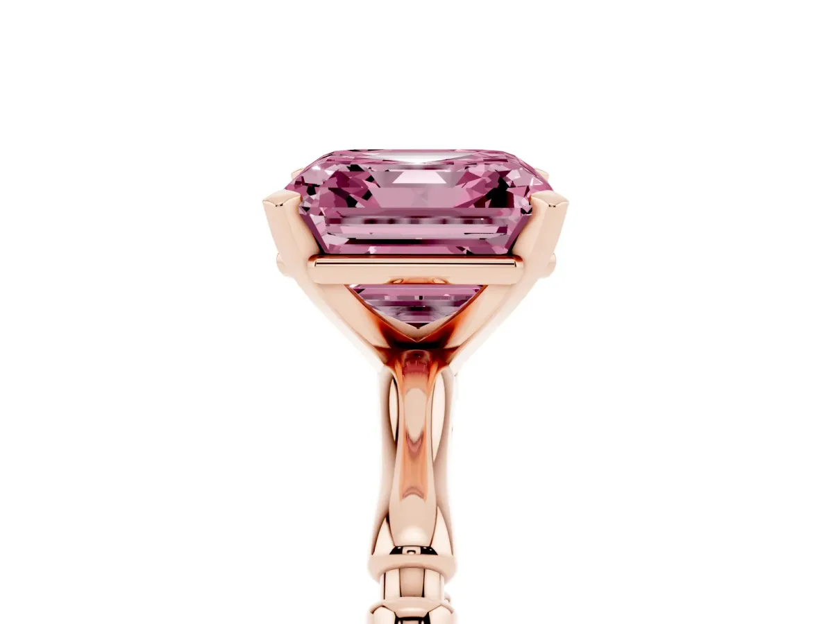 Fancy Pink Asscher Cut Solitaire Diamond Ring with Bamboo Band and Four-Prong Setting Rose gold