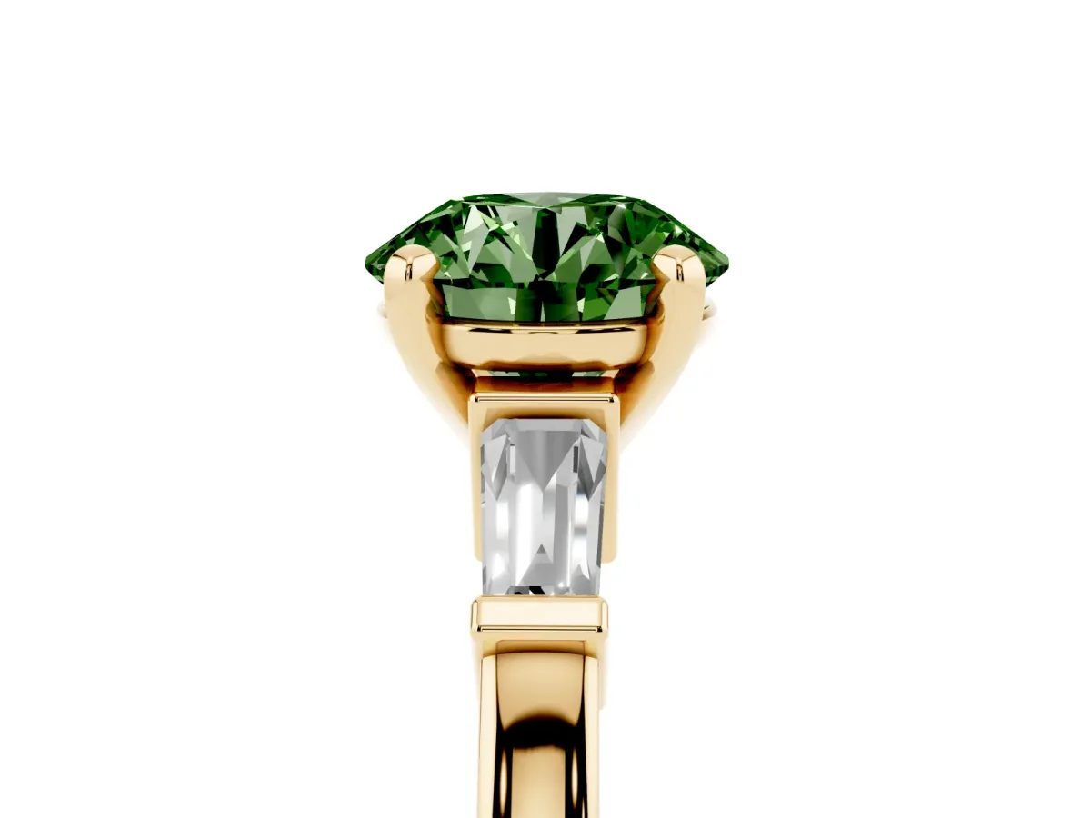 Fancy Green Round Cut Cut Diamond Solitaire Ring with Tapered Baguette Accents and Four-Prong Setting Yellow gold
